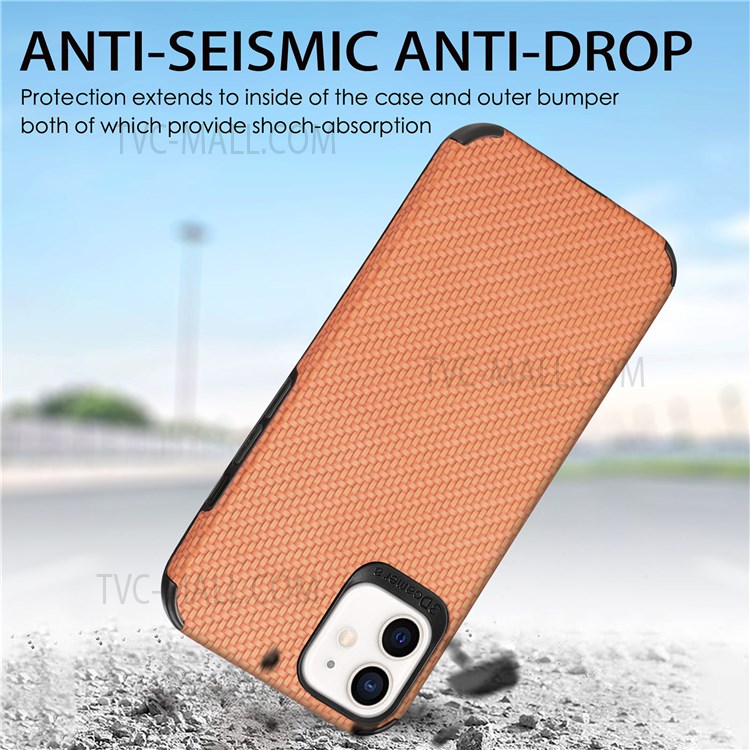 For iPhone 12 6.1 inch/12 Pro 6.1 inch PU Leather Coating Carbon Fiber Phone Case TPU + PVC Hybrid Cover - Brown-6