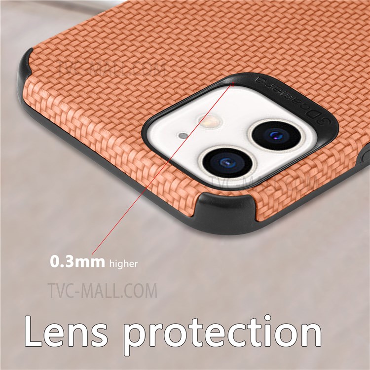 For iPhone 12 6.1 inch/12 Pro 6.1 inch PU Leather Coating Carbon Fiber Phone Case TPU + PVC Hybrid Cover - Brown-7