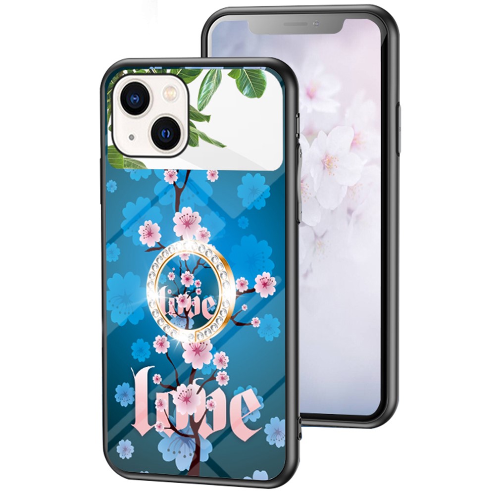 Magic Mirror Series Flower Pattern Phone Case for iPhone 13 mini 5.4 inch, Mirror Design Tempered Glass + PC Back TPU Frame Protective Cover with Ring Kickstand - Sakura LOVE