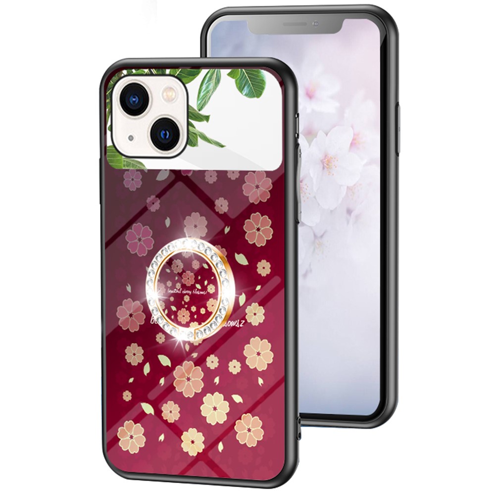Magic Mirror Series Flower Pattern Phone Case for iPhone 13 mini 5.4 inch, Mirror Design Tempered Glass + PC Back TPU Frame Protective Cover with Ring Kickstand - Sakura Rain