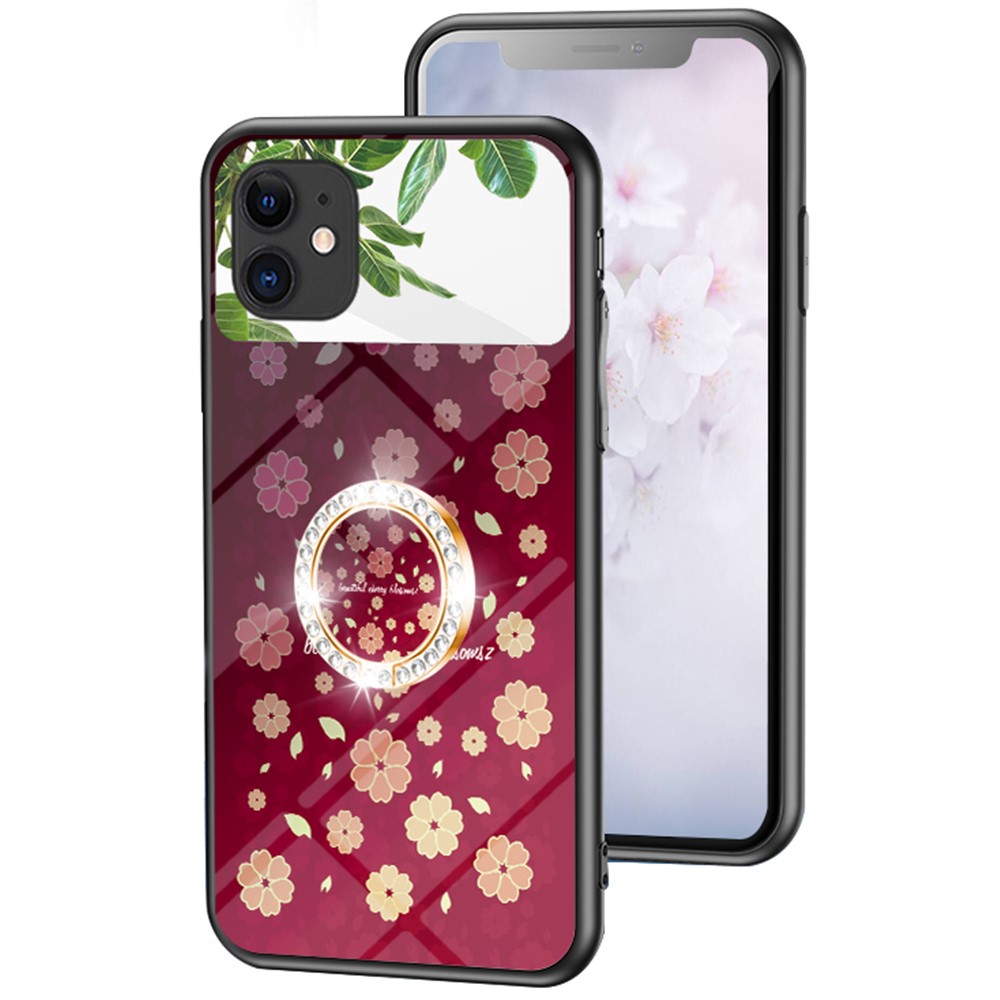 Magic Mirror Series Ring Kickstand Phone Case for iPhone 11 6.1 inch, Flower Pattern Mirror Design Tempered Glass + PC + TPU Cellphone Cover - Sakura Rain