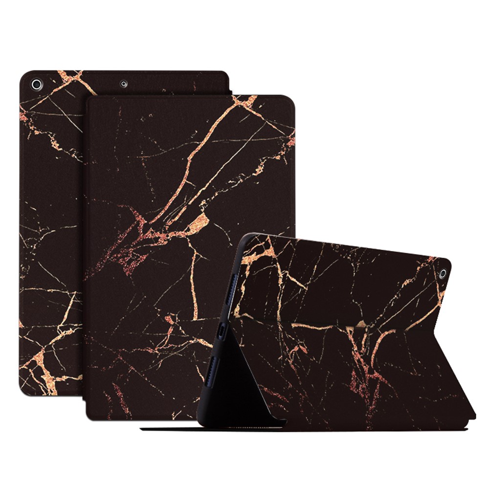For iPad 10.2 (2021)/(2020)/(2019) Pattern Printing Tablet Case PU Leather + TPU Stand Protective Cover - Black/Gold Marble