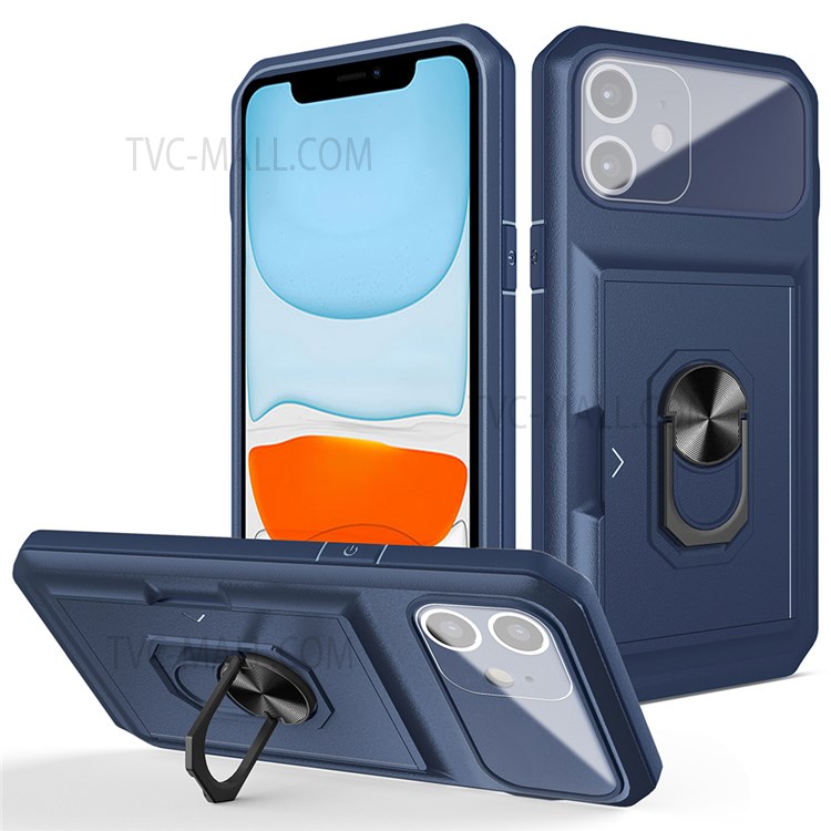 For iPhone 11 6.1 inch Well-protected Sliding Card Holder Ring Kickstand Micron Lens Film Design TPU + PC Mobile Phone Case Cover - Sapphire/Blue-1