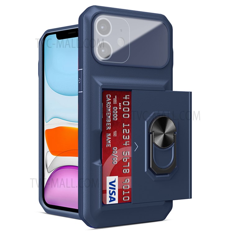 For iPhone 11 6.1 inch Well-protected Sliding Card Holder Ring Kickstand Micron Lens Film Design TPU + PC Mobile Phone Case Cover - Sapphire/Blue-2