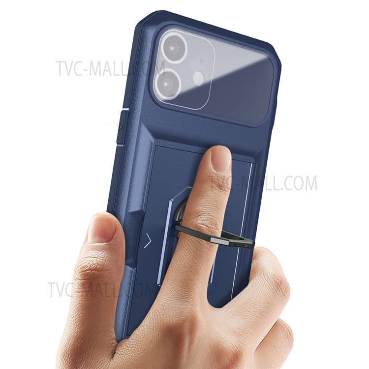 For iPhone 11 6.1 inch Well-protected Sliding Card Holder Ring Kickstand Micron Lens Film Design TPU + PC Mobile Phone Case Cover - Sapphire/Blue-3