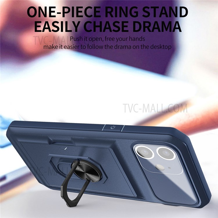 For iPhone 11 6.1 inch Well-protected Sliding Card Holder Ring Kickstand Micron Lens Film Design TPU + PC Mobile Phone Case Cover - Sapphire/Blue-4