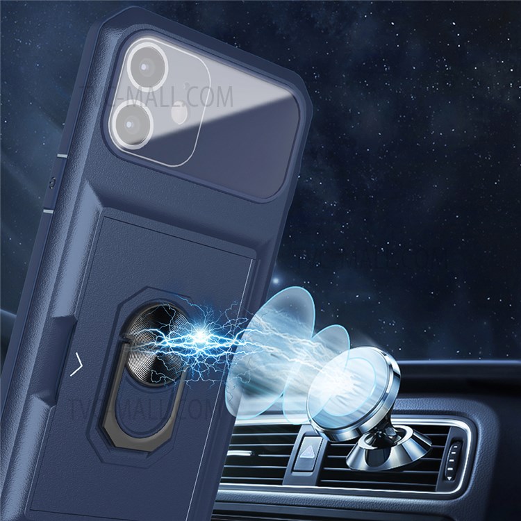 For iPhone 11 6.1 inch Well-protected Sliding Card Holder Ring Kickstand Micron Lens Film Design TPU + PC Mobile Phone Case Cover - Sapphire/Blue-6