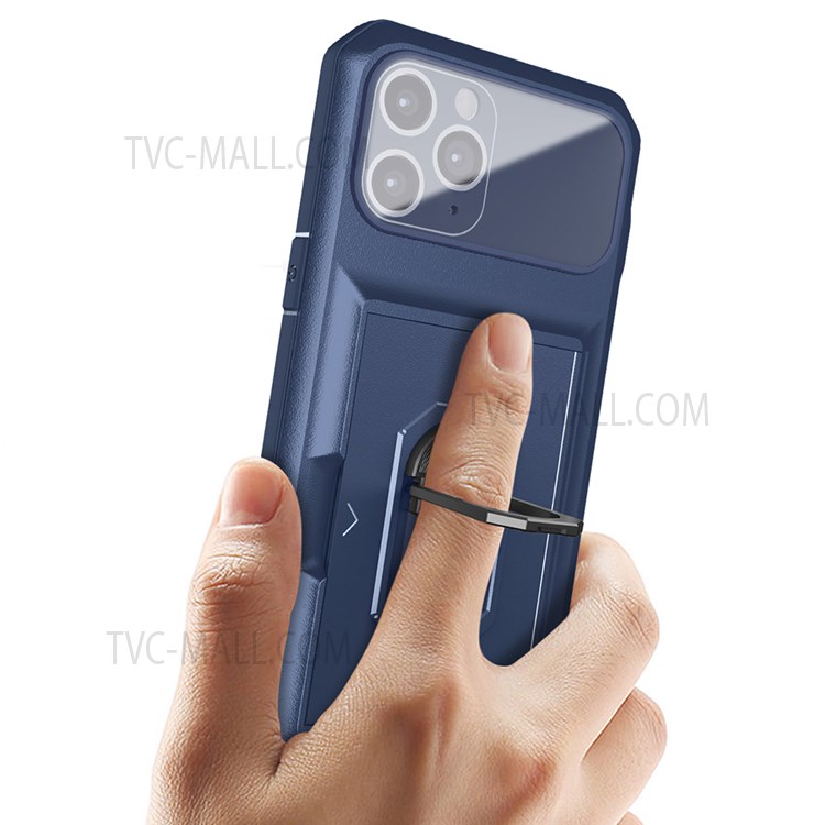 For iPhone 11 Pro 5.8 inch Sliding Card Holder Anti-scratch Cover Rotating Ring Kickstand Micron Lens Film Design TPU + PC Phone Shell - Sapphire/Blue-3