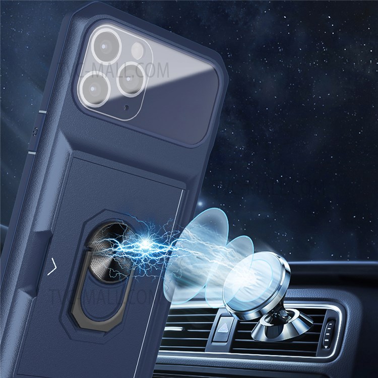 For iPhone 11 Pro 5.8 inch Sliding Card Holder Anti-scratch Cover Rotating Ring Kickstand Micron Lens Film Design TPU + PC Phone Shell - Sapphire/Blue-6