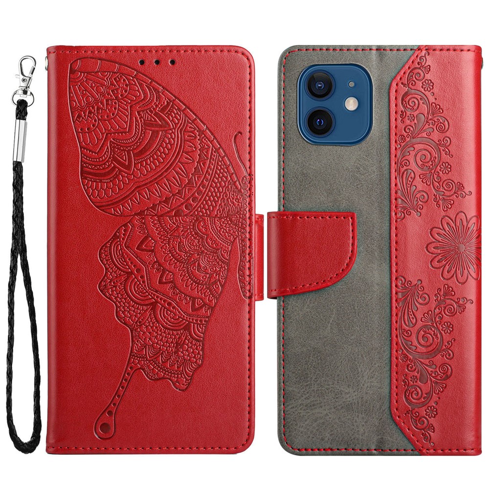 Imprinting Butterfly Flower Phone Cover for iPhone 12 mini 5.4 inch, PU Leather + TPU Wallet Stand Case - Red