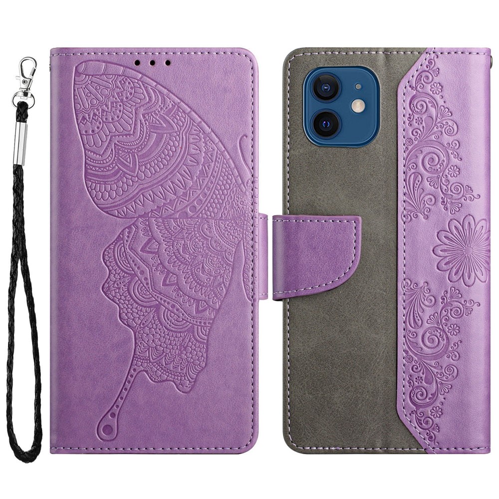 Imprinting Butterfly Flower Phone Cover for iPhone 12 mini 5.4 inch, PU Leather + TPU Wallet Stand Case - Purple