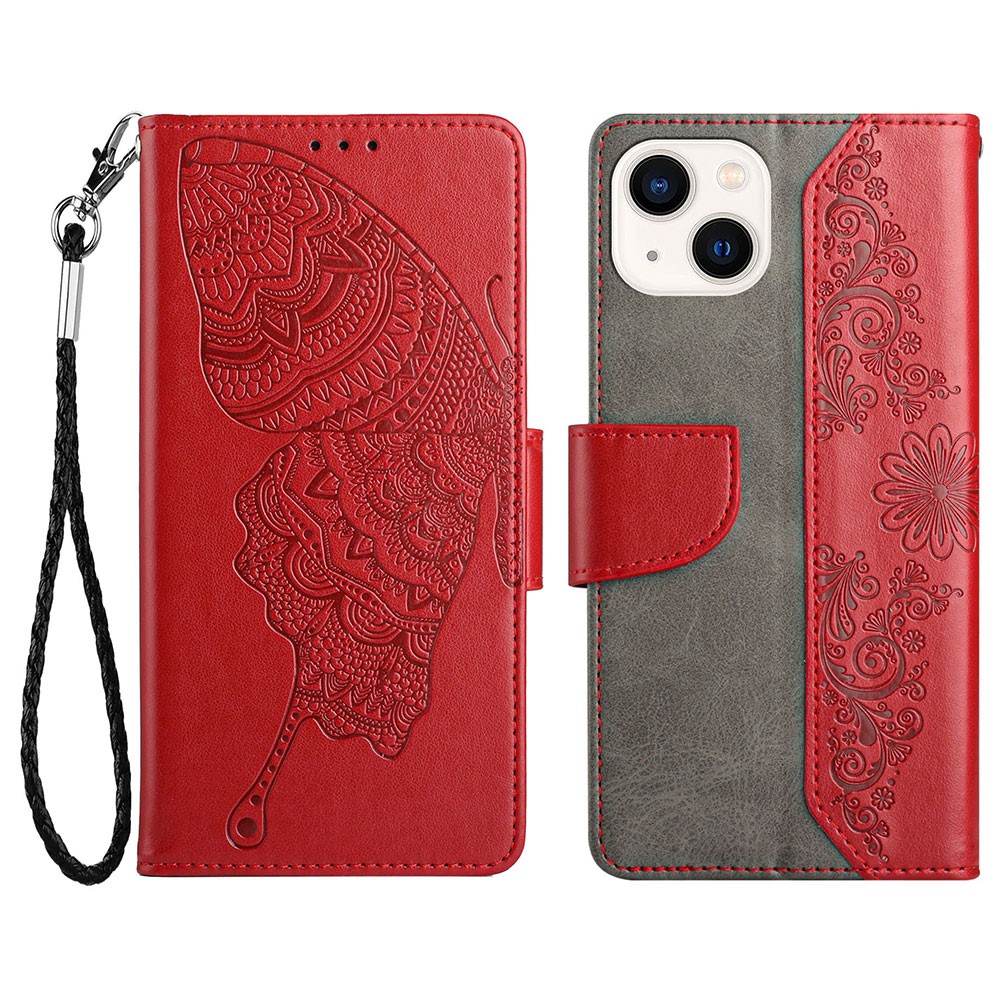 Wallet Phone Case for iPhone 13 mini 5.4 inch Scratch Resistant PU Leather Cover Butterfly Flower Imprinted Phone Protector with Stand - Red