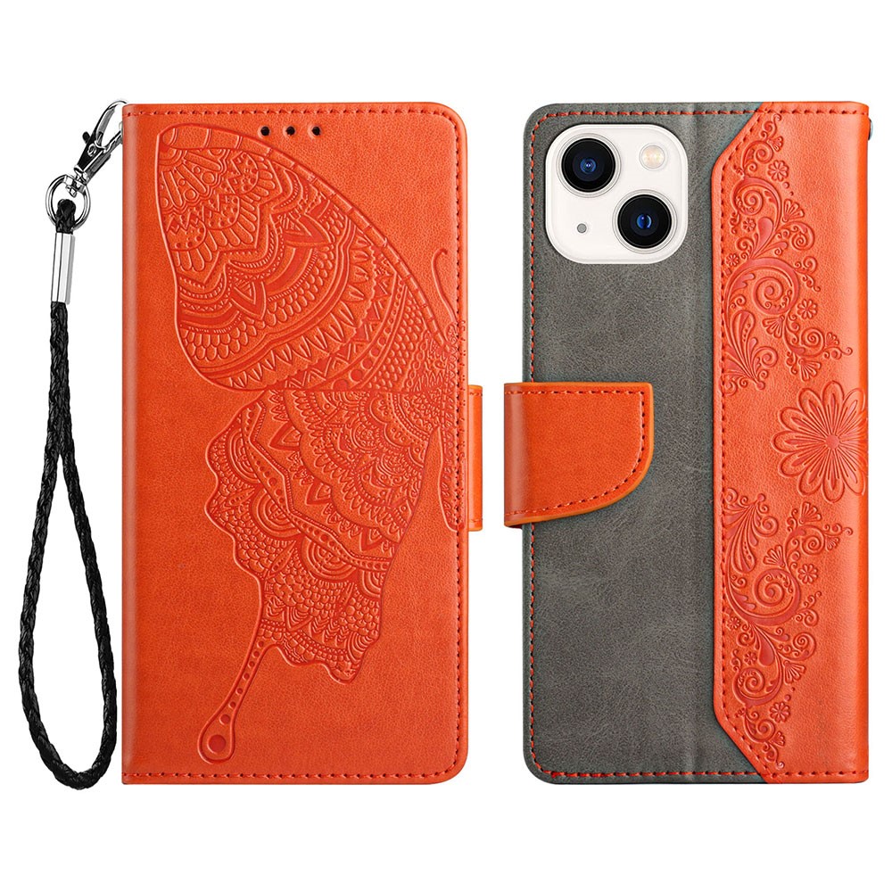 Wallet Phone Case for iPhone 13 mini 5.4 inch Scratch Resistant PU Leather Cover Butterfly Flower Imprinted Phone Protector with Stand - Orange