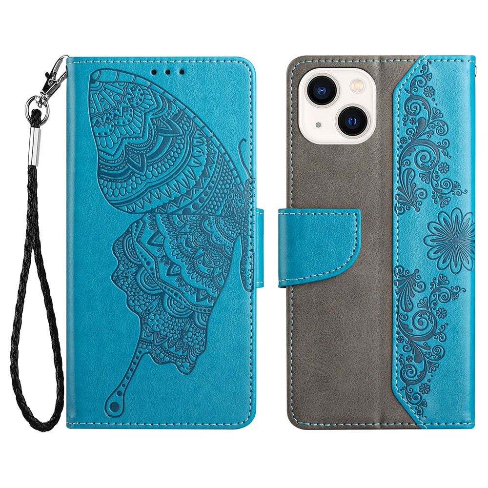 Wallet Phone Case for iPhone 13 mini 5.4 inch Scratch Resistant PU Leather Cover Butterfly Flower Imprinted Phone Protector with Stand - Blue