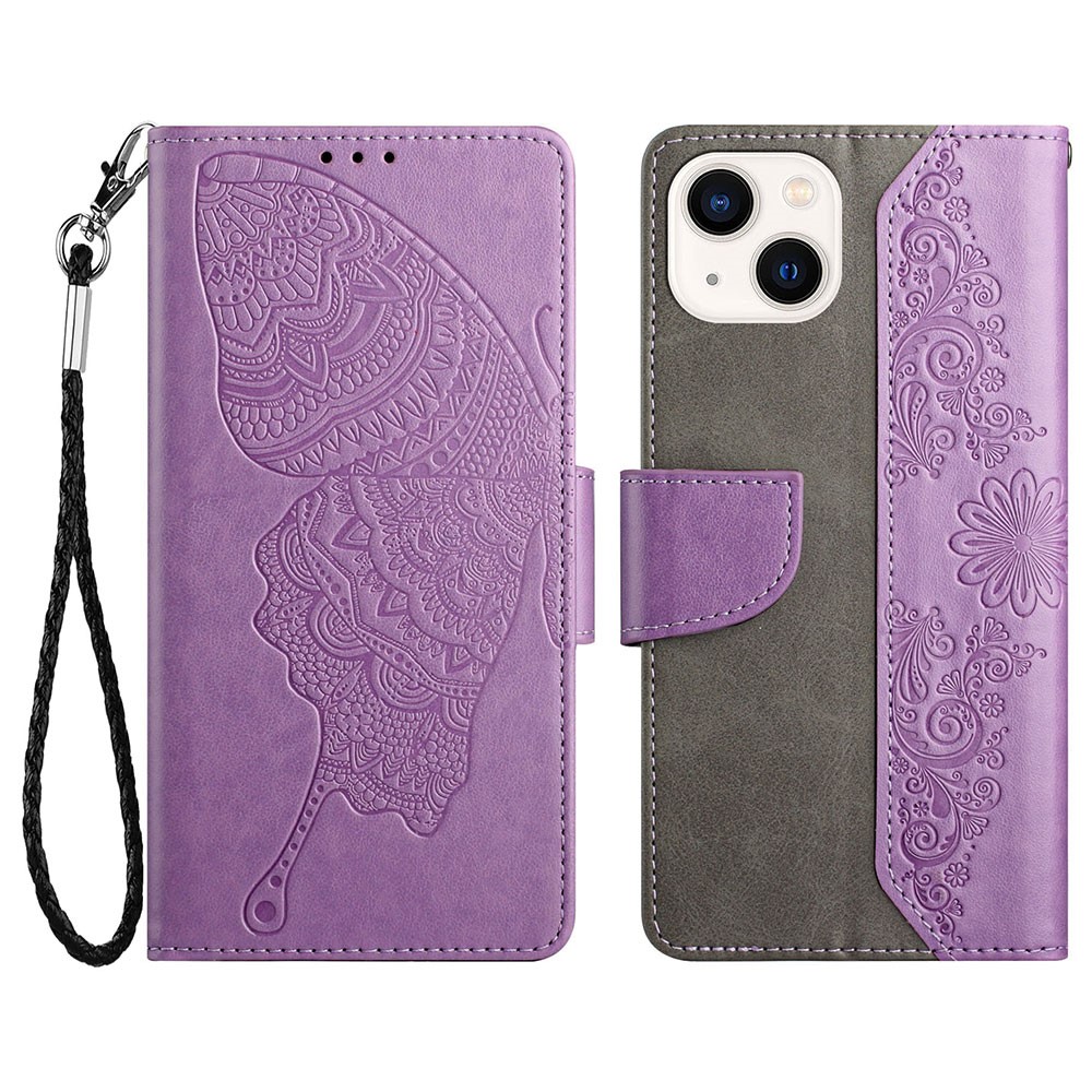 Wallet Phone Case for iPhone 13 mini 5.4 inch Scratch Resistant PU Leather Cover Butterfly Flower Imprinted Phone Protector with Stand - Purple