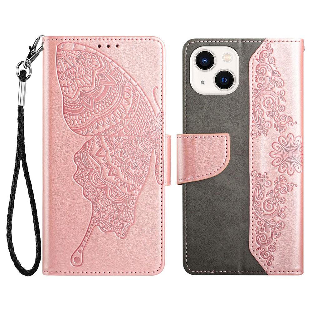 Wallet Phone Case for iPhone 13 mini 5.4 inch Scratch Resistant PU Leather Cover Butterfly Flower Imprinted Phone Protector with Stand - Rose Gold