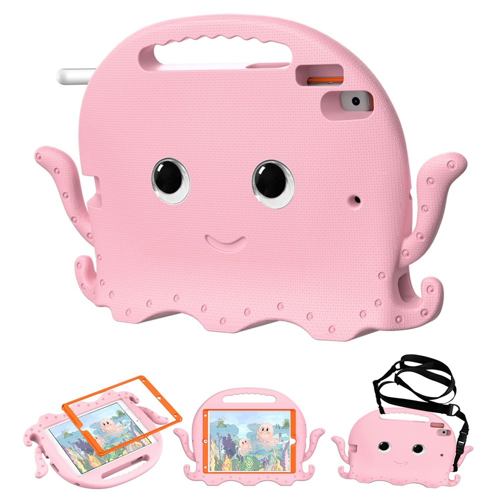 For iPad Pro 10.5-inch (2017)/iPad Air 10.5 inch (2019)/iPad 10.2 (2020)/(2019)/(2021) Cute Octopus Pen Slot Design EVA Case Impact-resistant Tablet Cover with Handle and Shoulder Strap - Pink