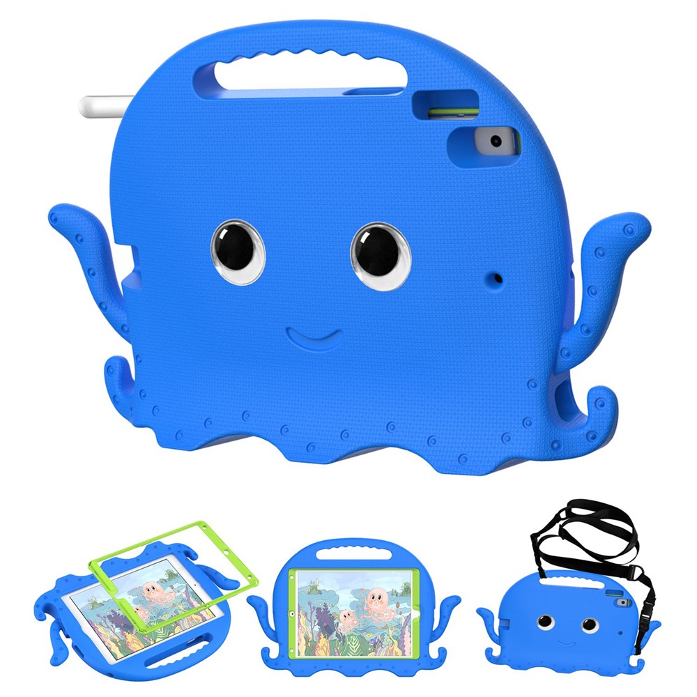 For iPad Pro 10.5-inch (2017)/iPad Air 10.5 inch (2019)/iPad 10.2 (2020)/(2019)/(2021) Cute Octopus Pen Slot Design EVA Case Impact-resistant Tablet Cover with Handle and Shoulder Strap - Blue