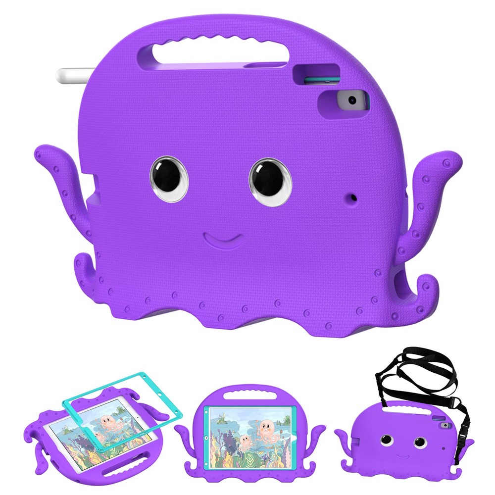 For iPad Pro 10.5-inch (2017)/iPad Air 10.5 inch (2019)/iPad 10.2 (2020)/(2019)/(2021) Cute Octopus Pen Slot Design EVA Case Impact-resistant Tablet Cover with Handle and Shoulder Strap - Purple