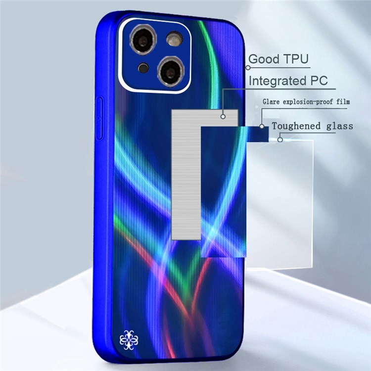 PHONESKIN Cross S-shaped Stripes Phone Case for iPhone 13 6.1 inch, 3D Effect Radiant High Aluminum-Silicon Glass+PC+TPU Shock Protective Cover - Blue-5
