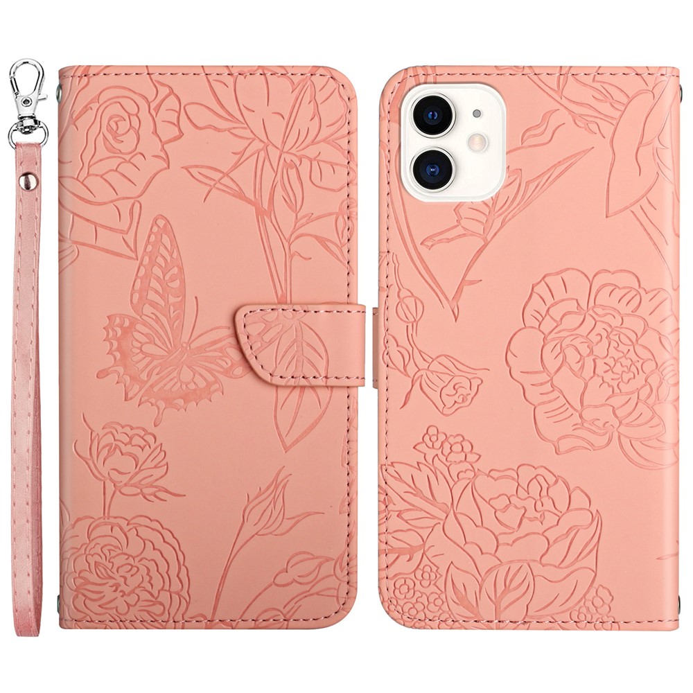 For iPhone 11 6.1 inch Butterfly Flower Imprinted Skin-touch Feeling PU Leather Wallet Stand Phone Case with Hand Strap - Pink