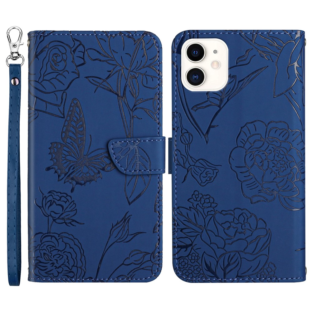 For iPhone 11 6.1 inch Butterfly Flower Imprinted Skin-touch Feeling PU Leather Wallet Stand Phone Case with Hand Strap - Blue