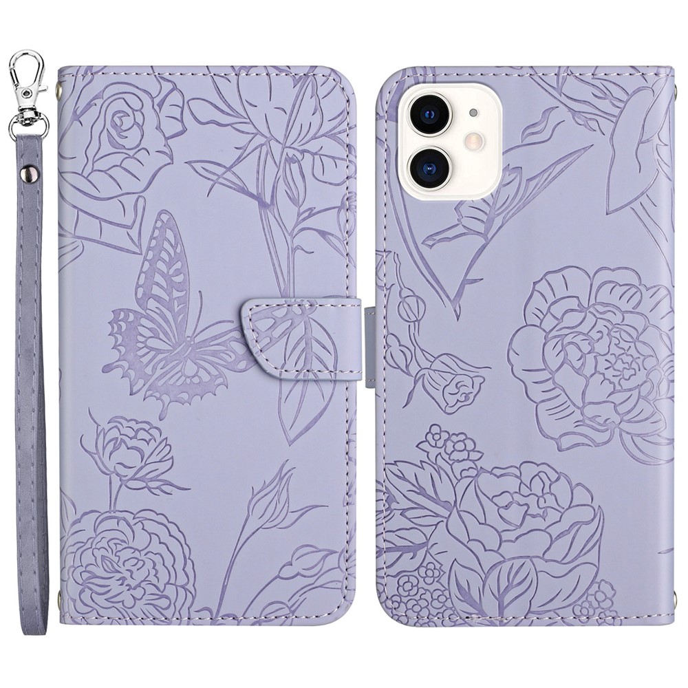 For iPhone 11 6.1 inch Butterfly Flower Imprinted Skin-touch Feeling PU Leather Wallet Stand Phone Case with Hand Strap - Light Purple
