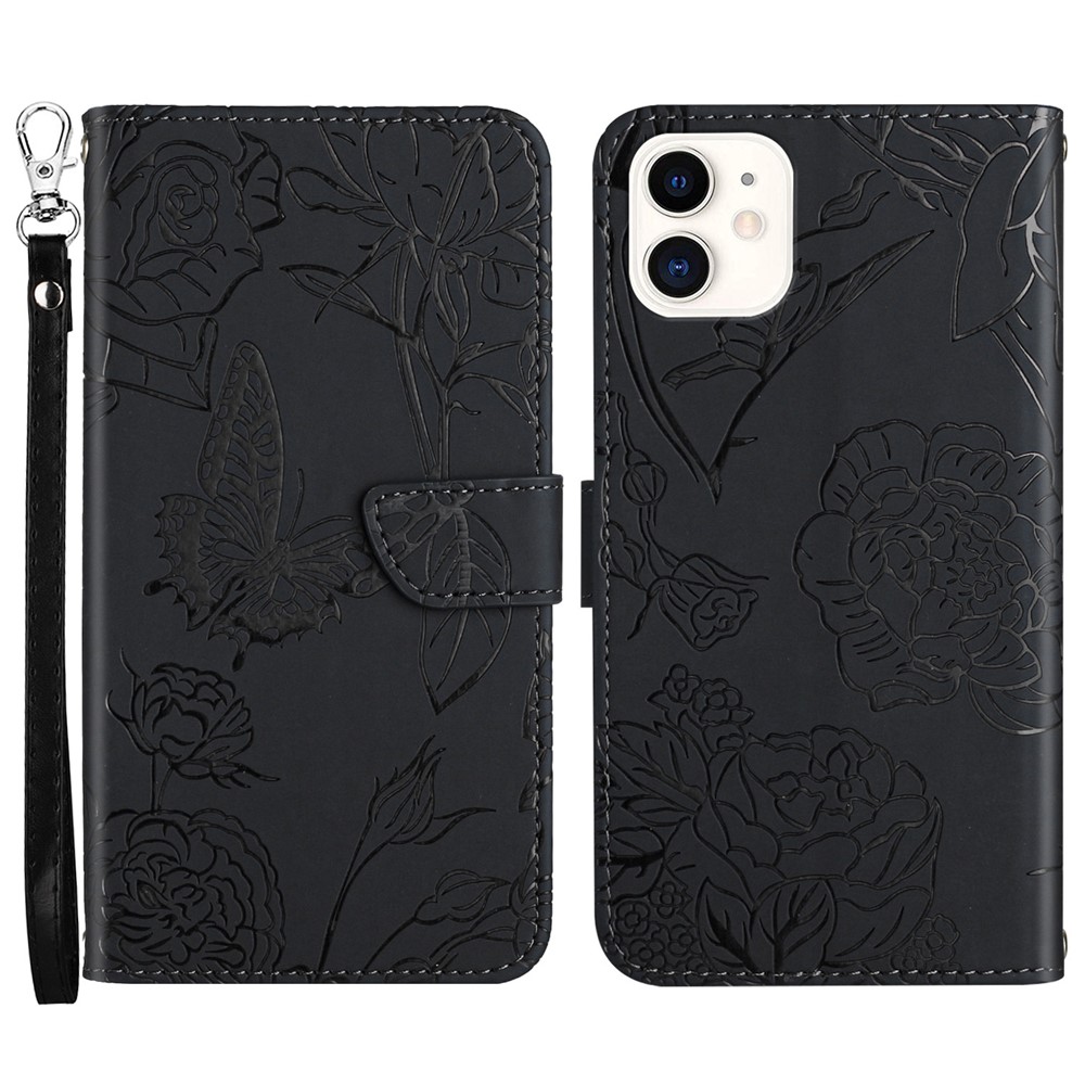 For iPhone 11 6.1 inch Butterfly Flower Imprinted Skin-touch Feeling PU Leather Wallet Stand Phone Case with Hand Strap - Black