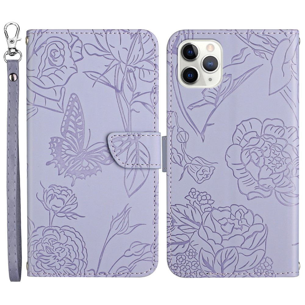 For iPhone 11 Pro Max 6.5 inch Butterfly Flower Imprinted Leather Case Skin-touch Wallet Stand Cover with Hand Strap - Light Purple