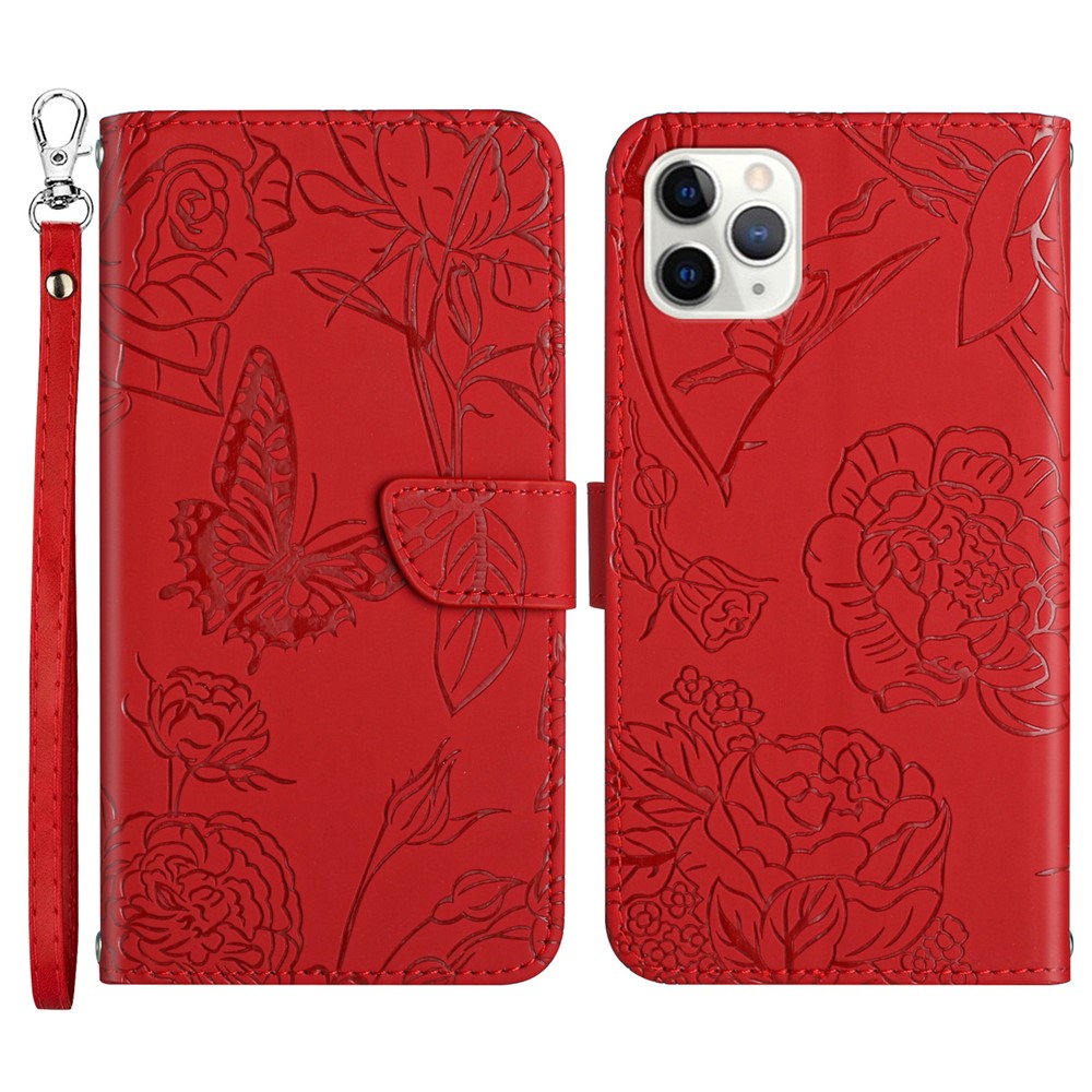 For iPhone 11 Pro Max 6.5 inch Butterfly Flower Imprinted Leather Case Skin-touch Wallet Stand Cover with Hand Strap - Red