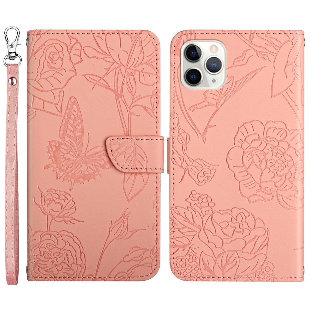 For iPhone 11 Pro Max 6.5 inch Butterfly Flower Imprinted Leather Case Skin-touch Wallet Stand Cover with Hand Strap - Pink