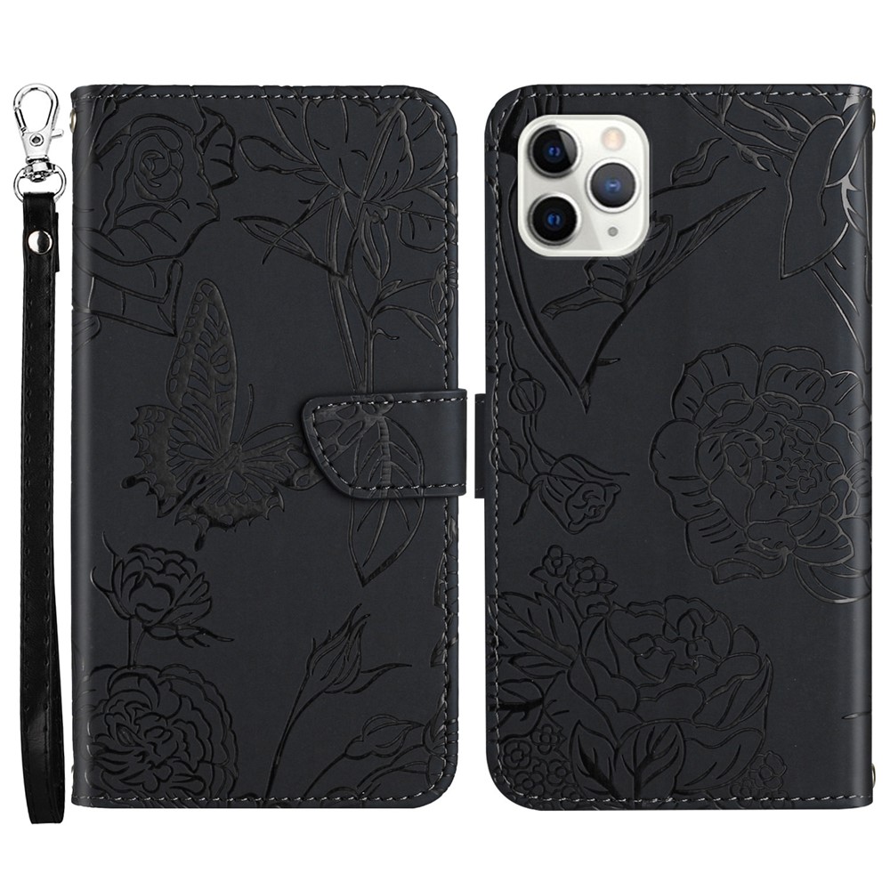 For iPhone 11 Pro Max 6.5 inch Butterfly Flower Imprinted Leather Case Skin-touch Wallet Stand Cover with Hand Strap - Black