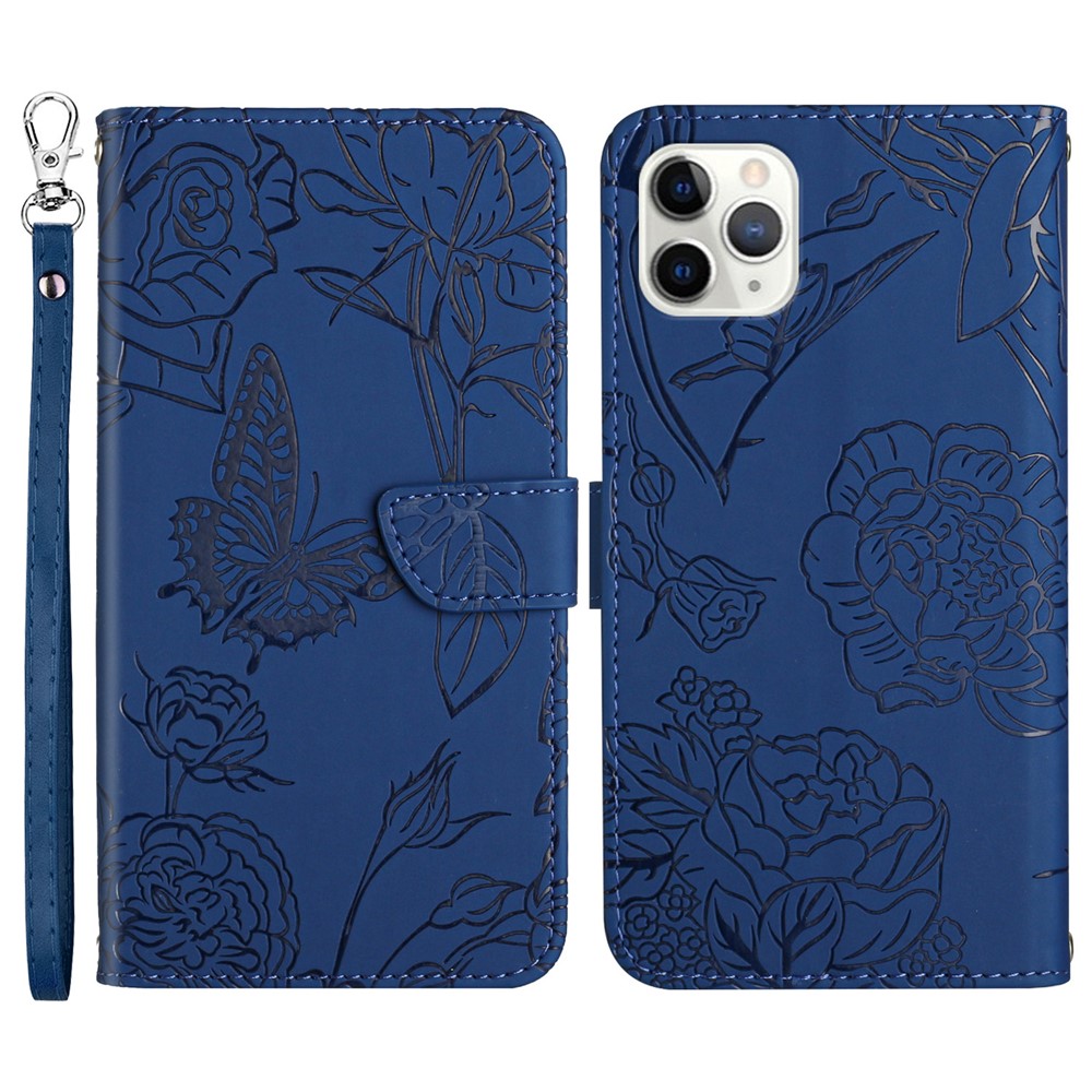 For iPhone 11 Pro Max 6.5 inch Butterfly Flower Imprinted Leather Case Skin-touch Wallet Stand Cover with Hand Strap - Blue