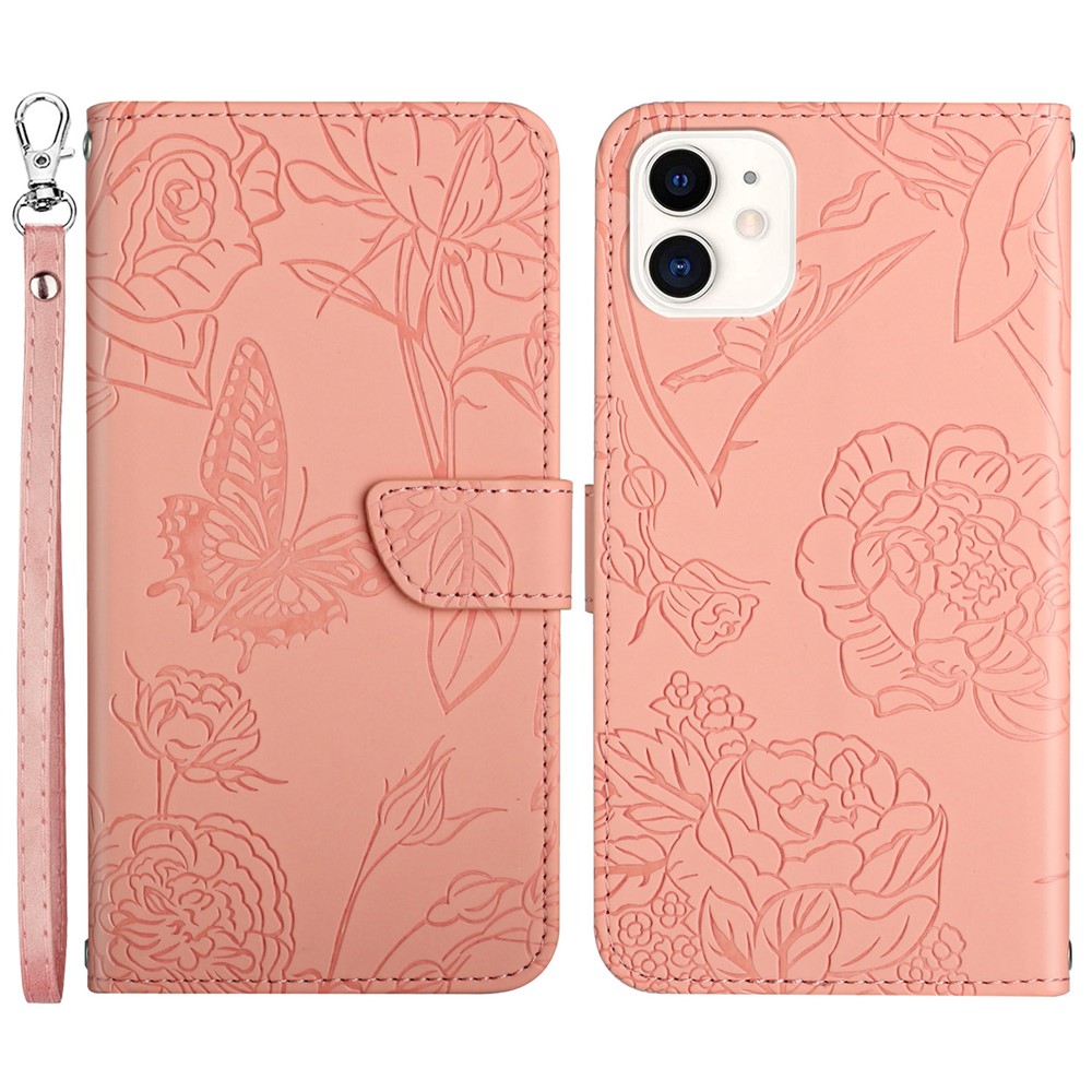 For iPhone 12 mini 5.4 inch Butterfly Flower Pattern Imprinted Stand Case Shockproof Skin-touch Feeling PU Leather Wallet Anti-fall Cover with Strap - Pink