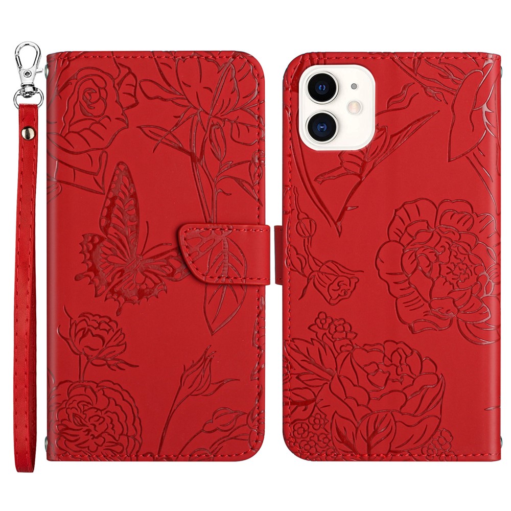 For iPhone 12 mini 5.4 inch Butterfly Flower Pattern Imprinted Stand Case Shockproof Skin-touch Feeling PU Leather Wallet Anti-fall Cover with Strap - Red