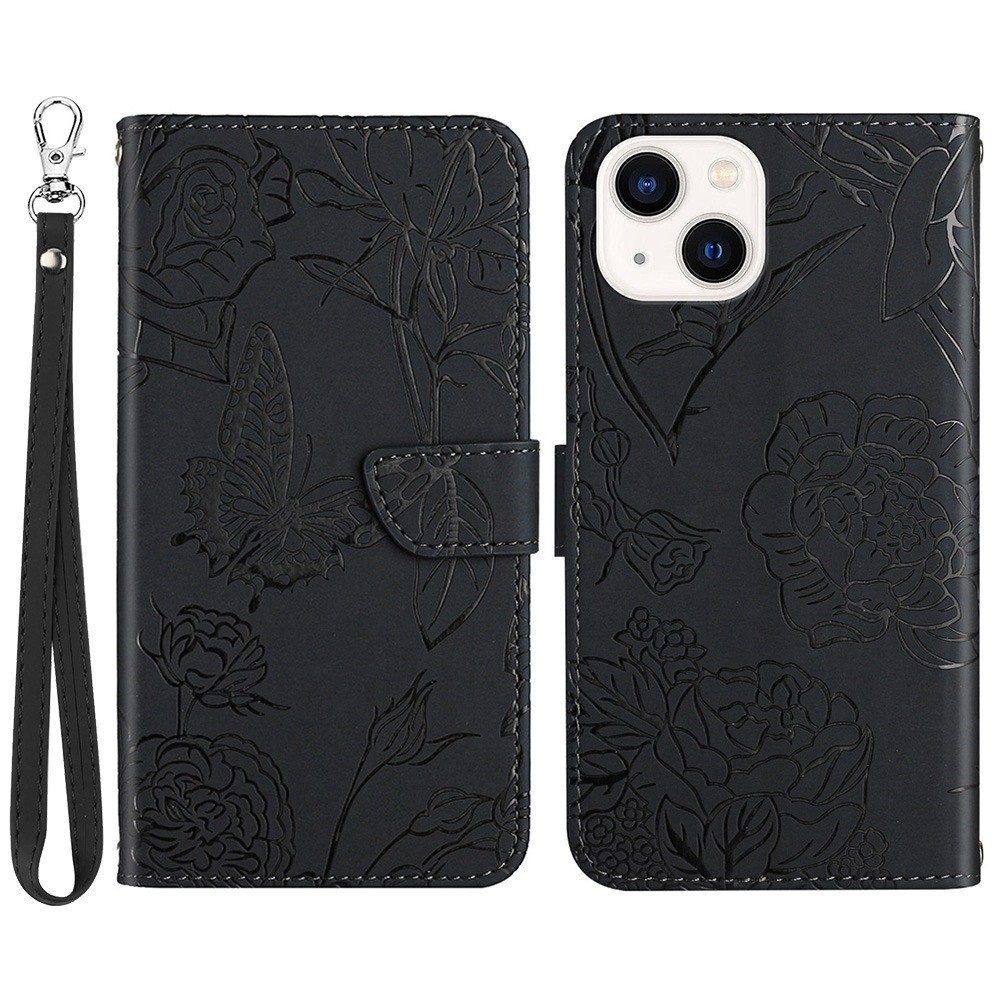 For iPhone 13 mini 5.4 inch Fashionable PU Leather Case Supporting Stand Skin-touch Feeling Butterfly Flower Pattern Imprinted Flip Wallet Phone Cover with Wrist Strap - Black