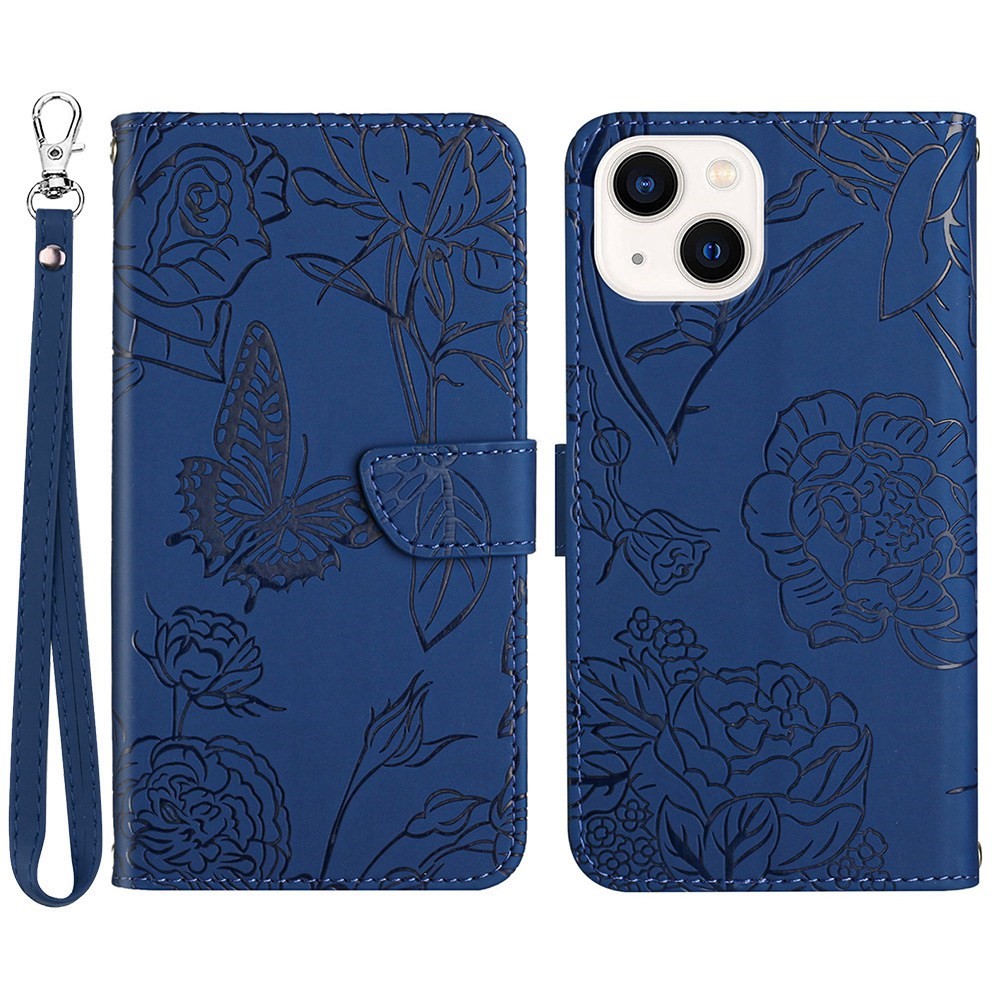 For iPhone 13 mini 5.4 inch Fashionable PU Leather Case Supporting Stand Skin-touch Feeling Butterfly Flower Pattern Imprinted Flip Wallet Phone Cover with Wrist Strap - Blue