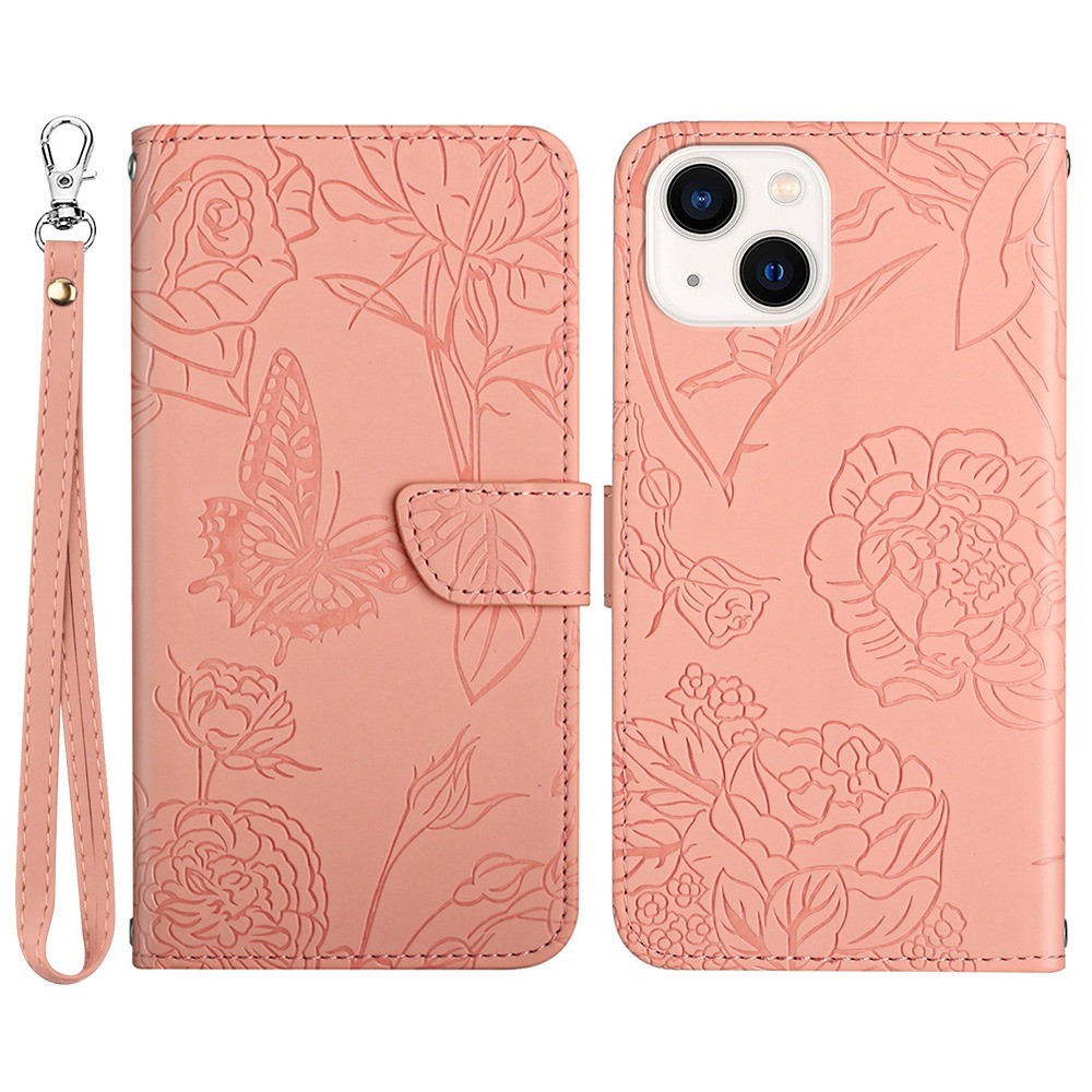 For iPhone 13 mini 5.4 inch Fashionable PU Leather Case Supporting Stand Skin-touch Feeling Butterfly Flower Pattern Imprinted Flip Wallet Phone Cover with Wrist Strap - Pink