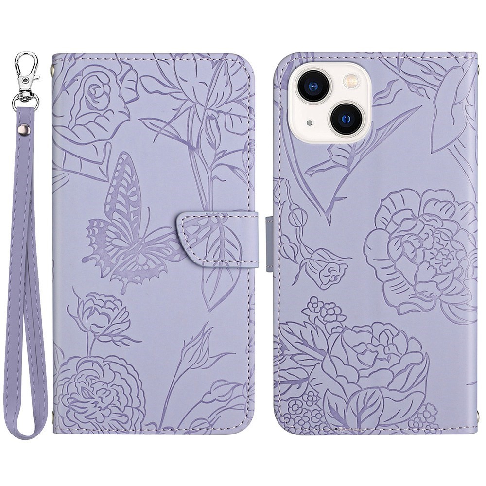 For iPhone 13 mini 5.4 inch Fashionable PU Leather Case Supporting Stand Skin-touch Feeling Butterfly Flower Pattern Imprinted Flip Wallet Phone Cover with Wrist Strap - Light Purple