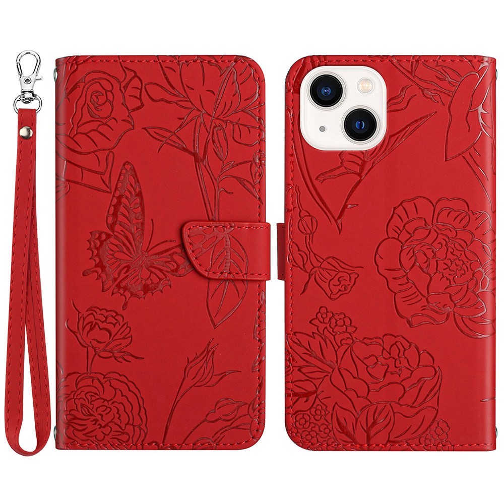 For iPhone 13 mini 5.4 inch Fashionable PU Leather Case Supporting Stand Skin-touch Feeling Butterfly Flower Pattern Imprinted Flip Wallet Phone Cover with Wrist Strap - Red