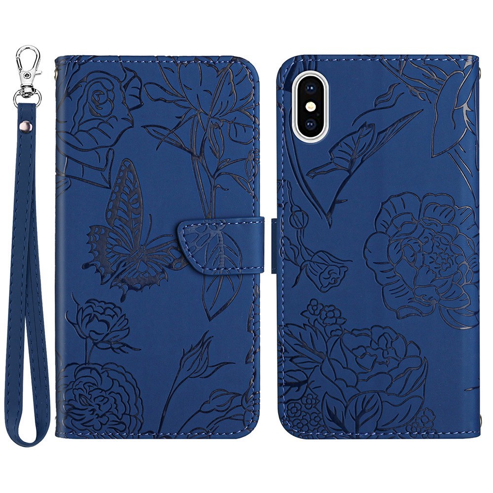 For iPhone XS Max 6.5 inch PU Leather Case Folding Stand Skin-touch Feeling Butterfly Flower Pattern Imprinted Flip Wallet Phone Cover with Wrist Strap - Blue