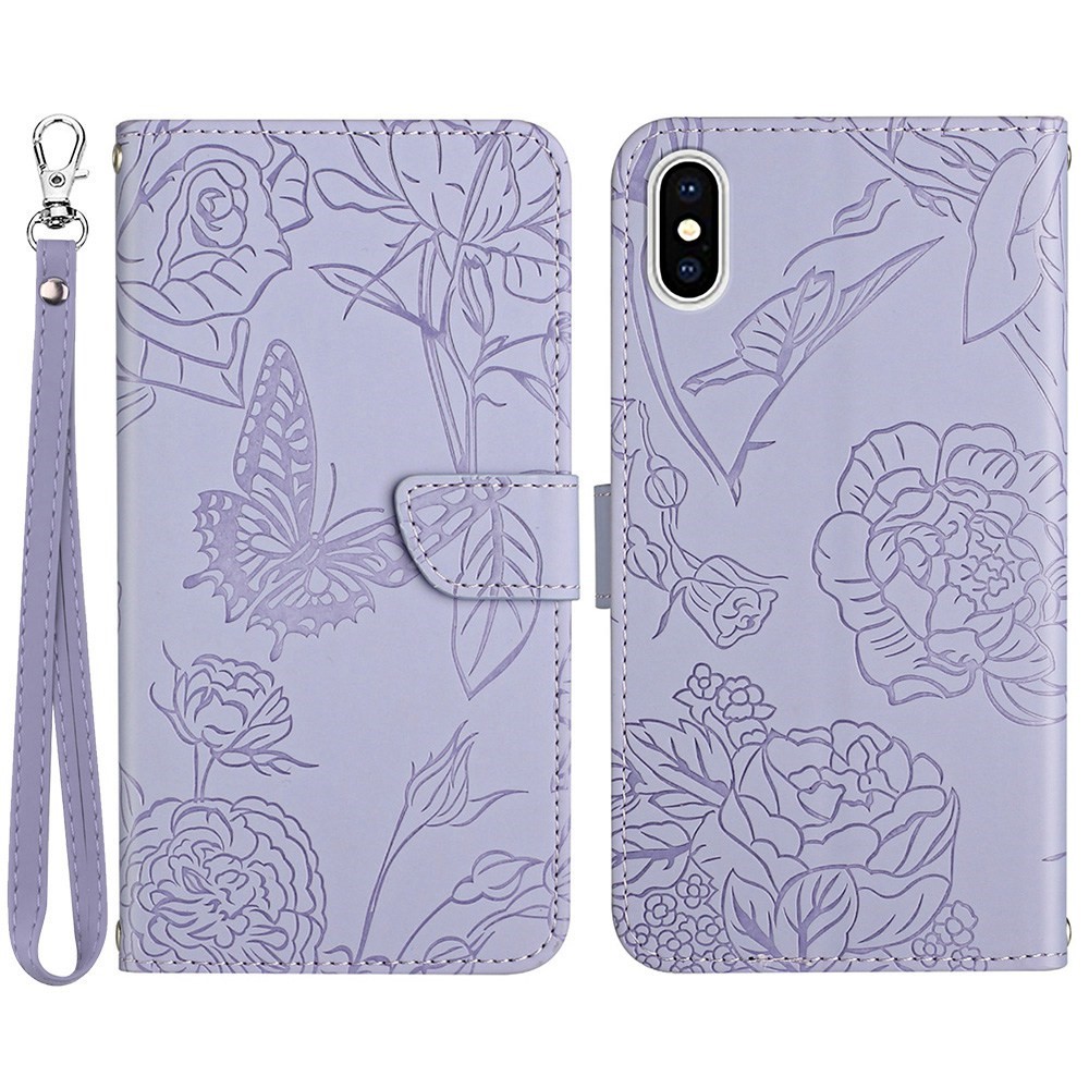 For iPhone XS Max 6.5 inch PU Leather Case Folding Stand Skin-touch Feeling Butterfly Flower Pattern Imprinted Flip Wallet Phone Cover with Wrist Strap - Light Purple