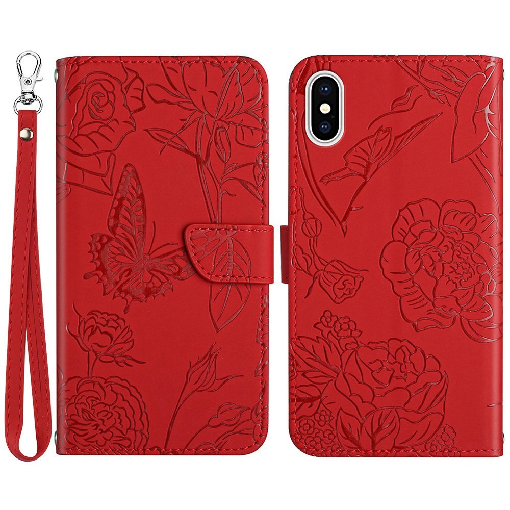 For iPhone XS Max 6.5 inch PU Leather Case Folding Stand Skin-touch Feeling Butterfly Flower Pattern Imprinted Flip Wallet Phone Cover with Wrist Strap - Red