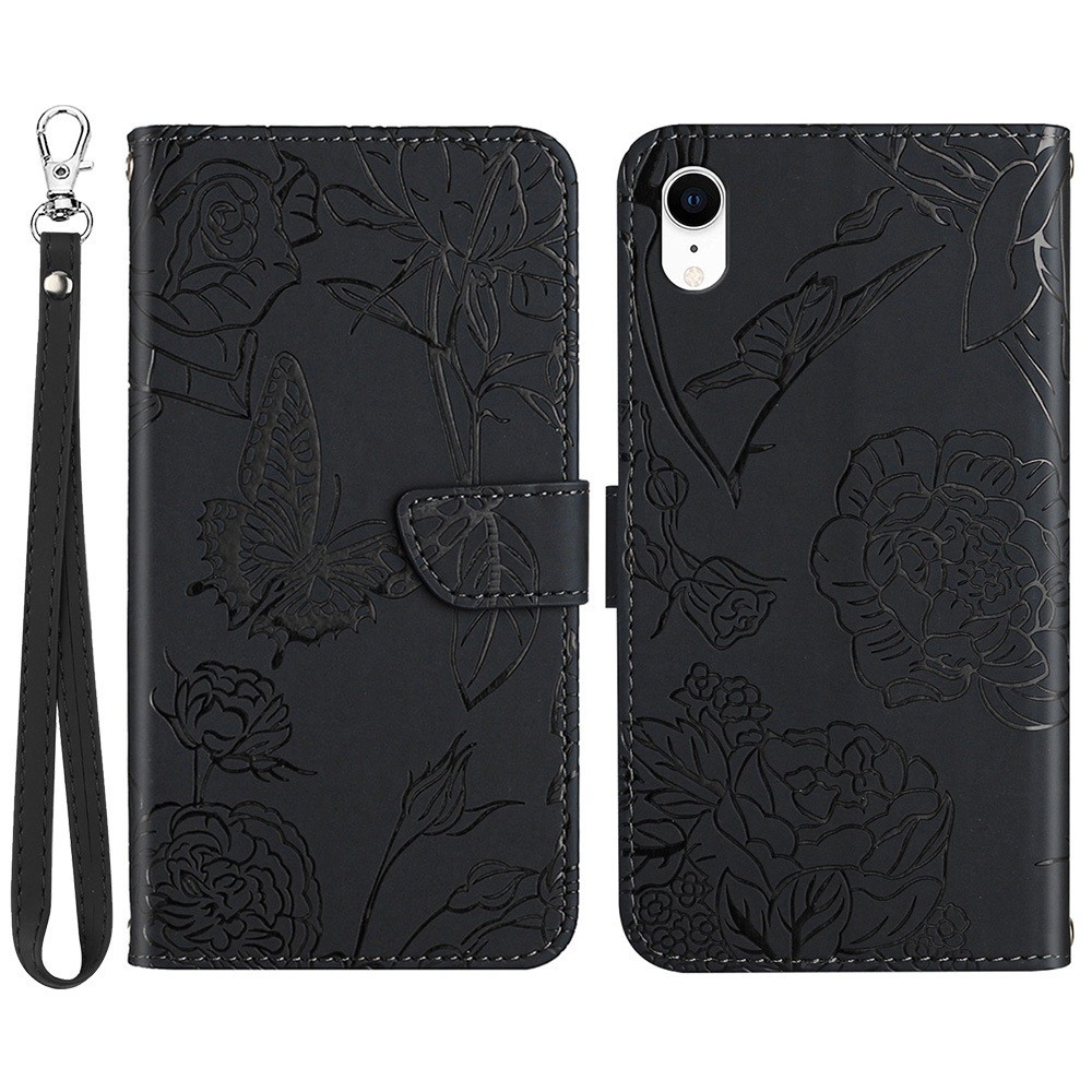 For iPhone XR 6.1 inch Skin-touch Feeling Leather Smartphone Case Butterfly Flower Pattern Imprinted Flip Wallet Phone Cover with Wrist Strap - Black