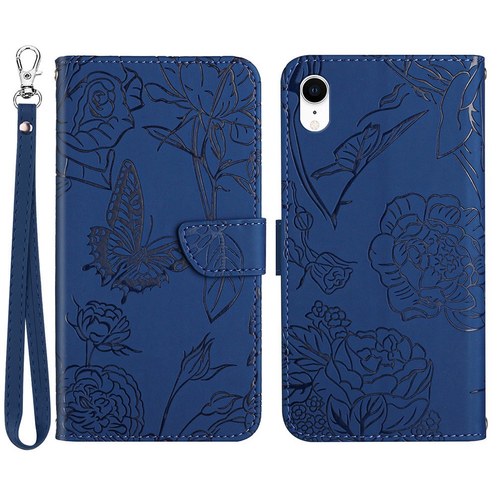 For iPhone XR 6.1 inch Skin-touch Feeling Leather Smartphone Case Butterfly Flower Pattern Imprinted Flip Wallet Phone Cover with Wrist Strap - Blue