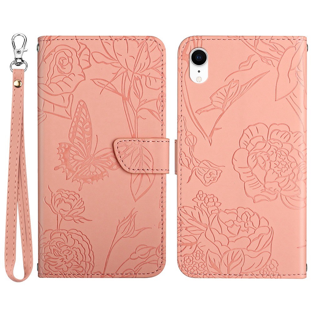 For iPhone XR 6.1 inch Skin-touch Feeling Leather Smartphone Case Butterfly Flower Pattern Imprinted Flip Wallet Phone Cover with Wrist Strap - Pink