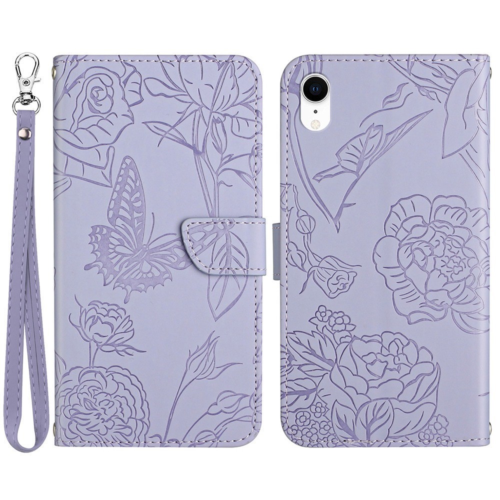 For iPhone XR 6.1 inch Skin-touch Feeling Leather Smartphone Case Butterfly Flower Pattern Imprinted Flip Wallet Phone Cover with Wrist Strap - Light Purple