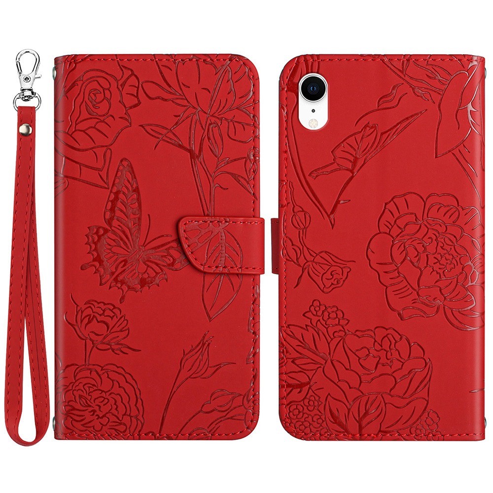 For iPhone XR 6.1 inch Skin-touch Feeling Leather Smartphone Case Butterfly Flower Pattern Imprinted Flip Wallet Phone Cover with Wrist Strap - Red