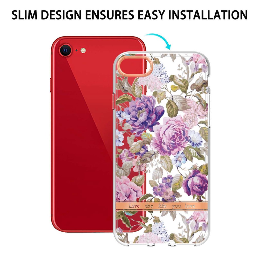 For iPhone SE (2022)/SE (2020)/8/7 4.7 inch YB IMD-8 Series Flower Pattern Design Phone Case Electroplating IMD Soft TPU Scratch-Resistant Cover - HC006 Purple Peony-5