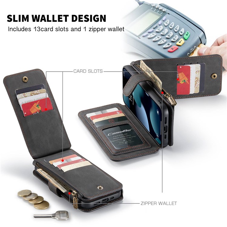 CASEME 007 Series for iPhone 13 mini 5.4 inch Split Leather 2-in-1 Detachable Flip Phone Case Stand Magnetic Closure Protective Zipper Purse Cover - Black-3
